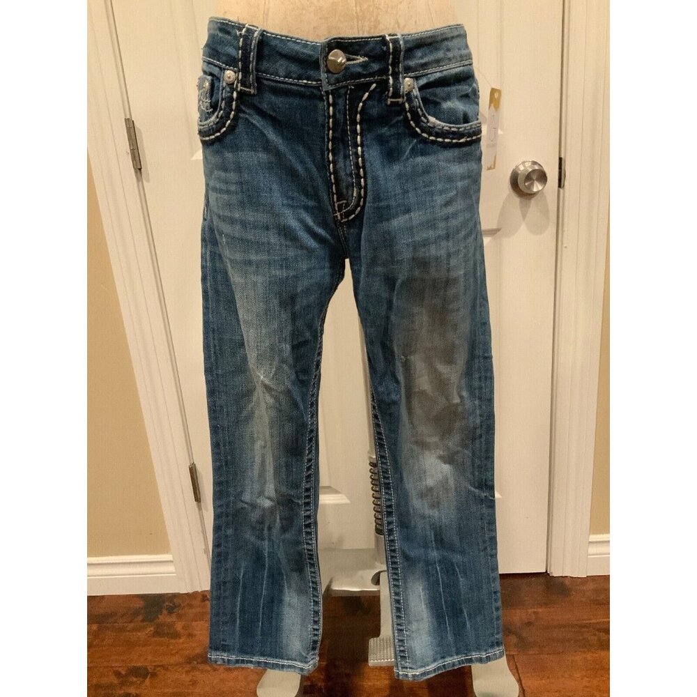 Miss Me Blue Medium Wash "Boyfriend Capri” Distressed Jeans, Size 27